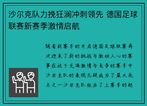 沙尔克队力挽狂澜冲刺领先 德国足球联赛新赛季激情启航