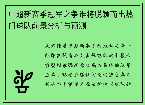 中超新赛季冠军之争谁将脱颖而出热门球队前景分析与预测