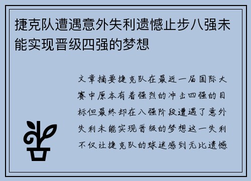 捷克队遭遇意外失利遗憾止步八强未能实现晋级四强的梦想