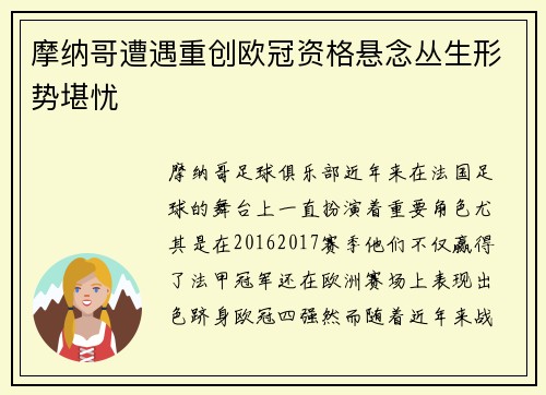 摩纳哥遭遇重创欧冠资格悬念丛生形势堪忧