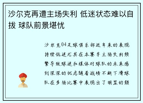 沙尔克再遭主场失利 低迷状态难以自拔 球队前景堪忧