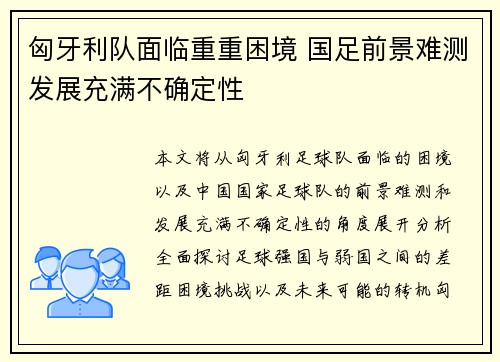 匈牙利队面临重重困境 国足前景难测发展充满不确定性