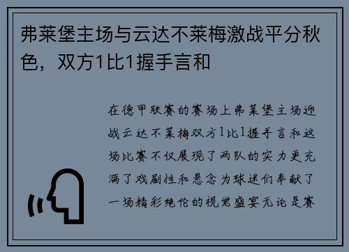弗莱堡主场与云达不莱梅激战平分秋色，双方1比1握手言和