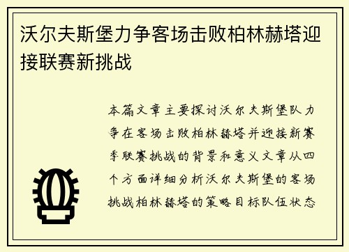 沃尔夫斯堡力争客场击败柏林赫塔迎接联赛新挑战
