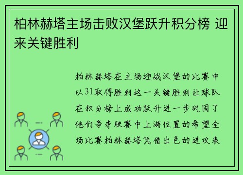 柏林赫塔主场击败汉堡跃升积分榜 迎来关键胜利