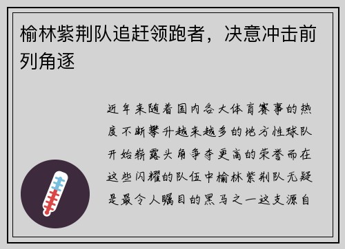 榆林紫荆队追赶领跑者，决意冲击前列角逐