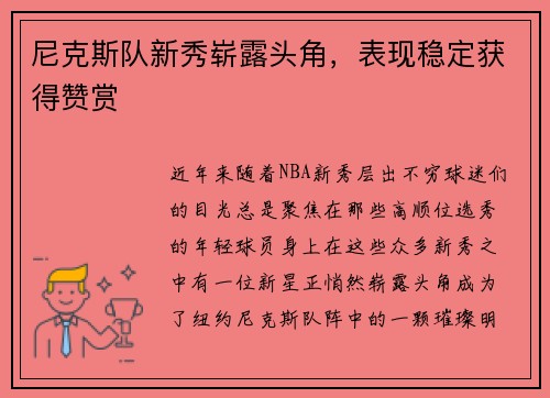 尼克斯队新秀崭露头角，表现稳定获得赞赏