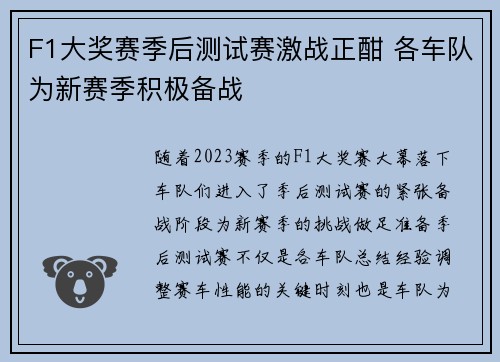 F1大奖赛季后测试赛激战正酣 各车队为新赛季积极备战
