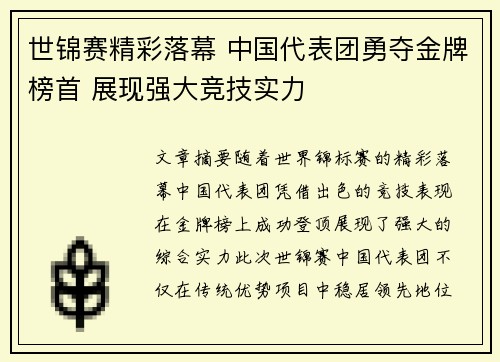 世锦赛精彩落幕 中国代表团勇夺金牌榜首 展现强大竞技实力