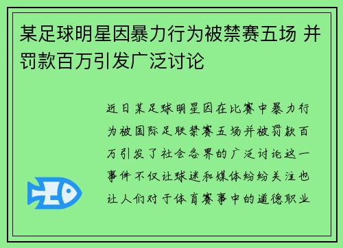 某足球明星因暴力行为被禁赛五场 并罚款百万引发广泛讨论
